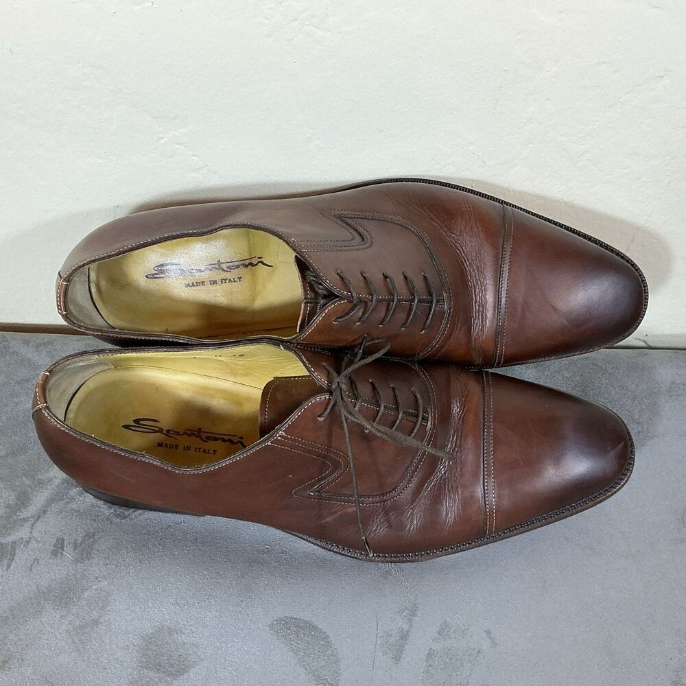 Santoni Cognac Cap Toe Dress Shoes Oxford 12 D Hand Made Luxury Footwear Men’s - Picture 5 of 10